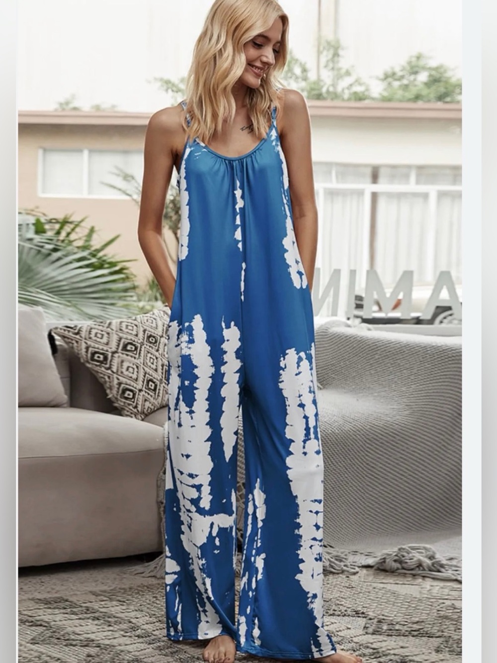 Charming Charlie Blue & White Tie-Dye Wide Leg Jumpsuit